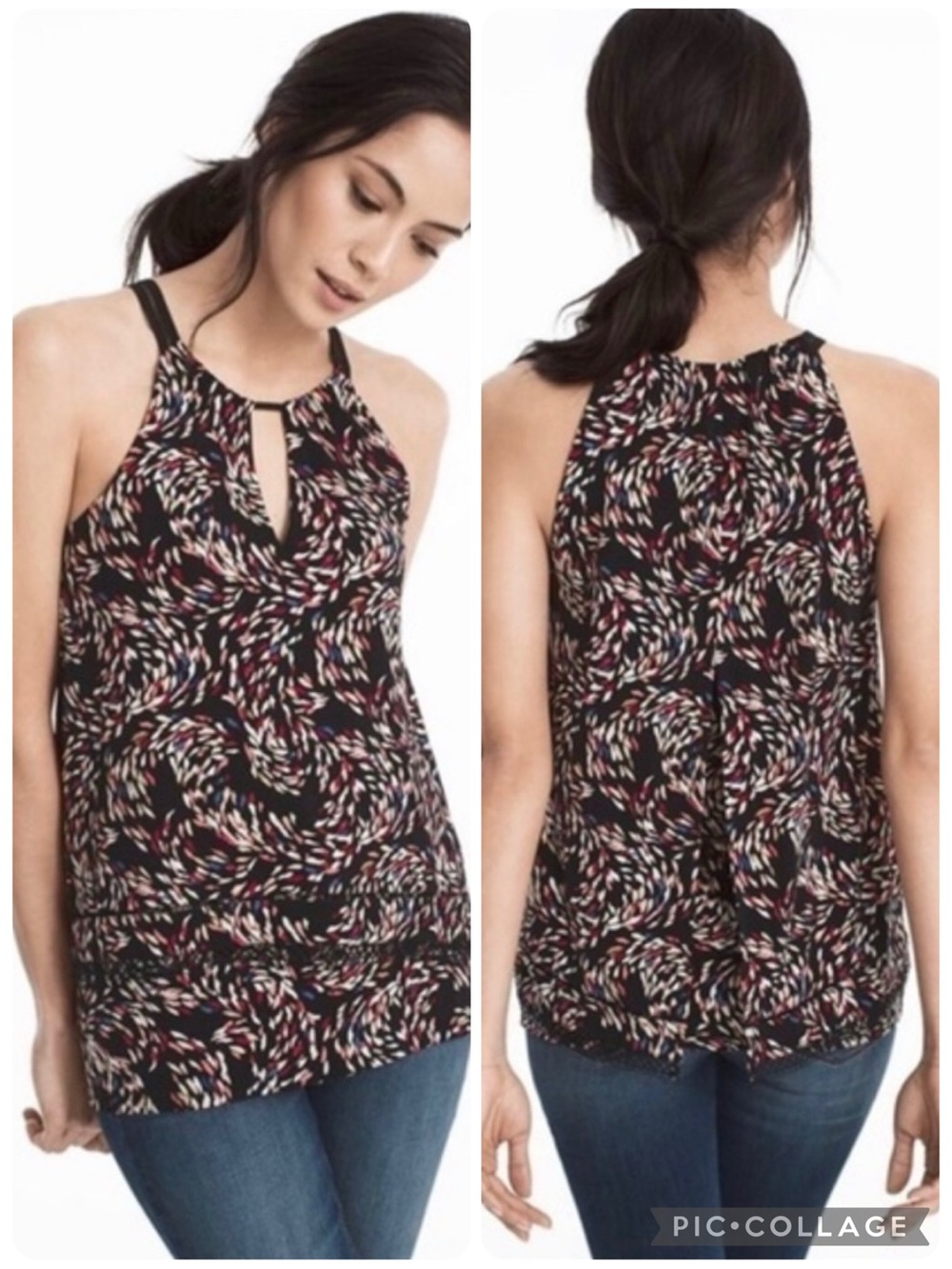 WHBM Black Print Halter Split Back Knit Tank Top S Quiet Luxury
